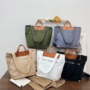 Large Capacity Canvas Tote Bag For Women Vintage Shoulder Handbag With PU Leather Trim Casual Letter Print Travel Work