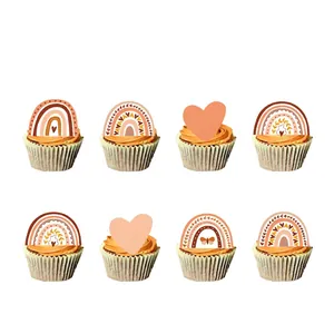 Detailed set of 24 boho rainbow and heart cupcake toppers in earth tones for party decor