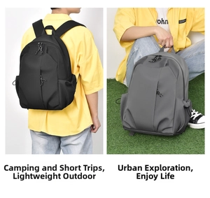Detailed view of the large capacity nylon backpack with dual zippers and side mesh pockets