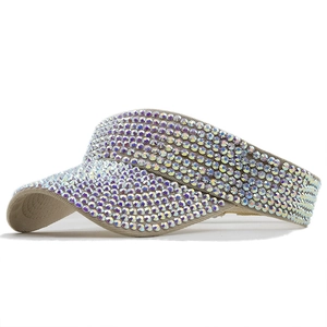 Side view of a khaki sun visor hat decorated with shiny colorful AB rhinestones