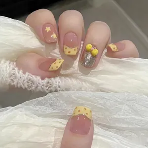 Press On Nails Yellow Bow Stars Glitter Square Oval Cute Sweet Handmade Artificial Nails For Women