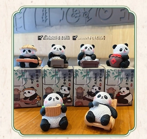 Detailed set of resin panda figurines featuring traditional Chinese arts with elegant packaging