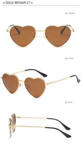 Detailed views of heart-shaped gold metal sunglasses with brown lenses and black temple tips