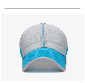 Front view of breathable mesh kids baseball cap in grey and lake blue outdoor sun hat