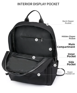 Interior display of the casual backpack showing multiple functional storage pockets