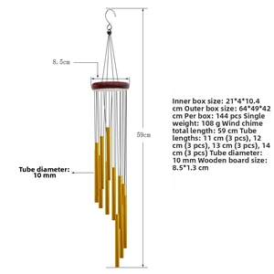 Detail of 12 gold aluminum tubes wind chime with 59cm length and wooden top plate