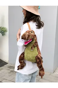 Detail of the brown dinosaur plush backpack featuring adjustable straps on female model