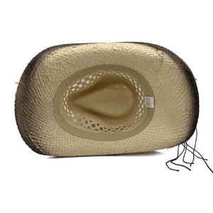 Ethnic hollowed western straw cowboy hat with burnt edge finish and paper weave texture