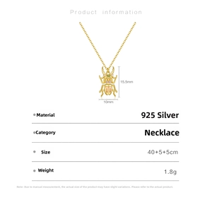 Detail view of S925 silver beetle pendant necklace showing dimensions and material specs