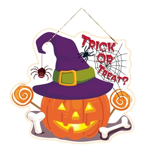 Halloween hanging pumpkin decoration with wizard hat and Trick or Treat slogan
