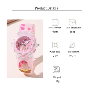 Detailed specs of pink unicorn kids watch showing dial diameter and silicone strap size
