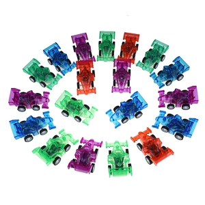 Top view of colorful transparent mini formula racing cars in a radial arrangement