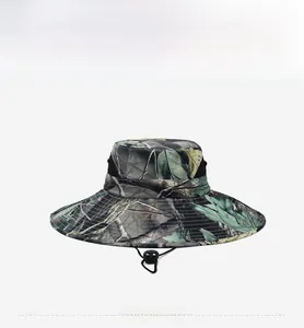 Detail of leaf camouflage sun hat featuring breathable mesh vents and adjustable wind cord
