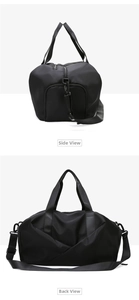 Detail view of water-resistant black travel bag showing side pocket and rear panorama