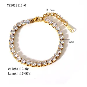 Detail of 5mm zircon tennis bracelet in gold finish with dimensions and lobster clasp