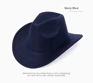 Detail of navy blue wide brim wool fedora showing double stitching and crown texture