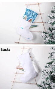 Front and back views of white unicorn Christmas stocking with blue sequins and fur