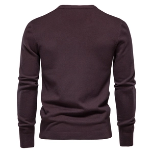 Deep purple men's slim fit crewneck sweater shown from back view with knit texture