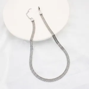 Minimalist silver multi-layered flat mesh link necklace with adjustable lobster clasp