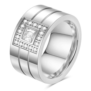 12mm silver stainless steel square ring with zircon inlay and 18K gold plated finish