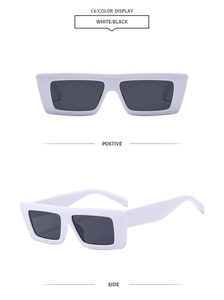 Detail view showing front and side profile of white rectangular retro sunglasses C6