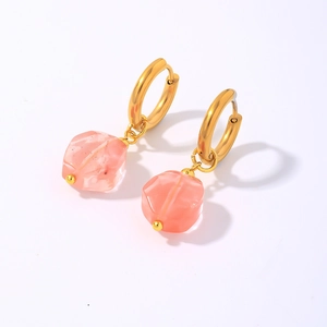 Minimalist geometric gold earrings featuring translucent pink natural stone pendants