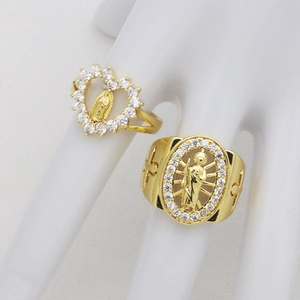 Gold-plated hollow heart and oval rings with Virgin Mary and zircon stones
