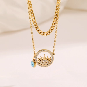 Collier double rang en acier doré avec pendentif oeil maléfique et breloque en émail bleu