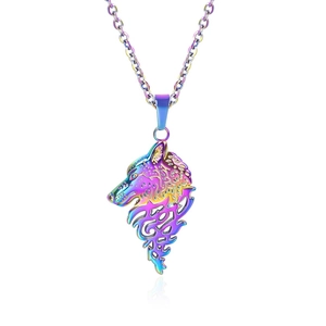 Detailed close-up of iridescent wolf head pendant with rainbow vacuum plating finish