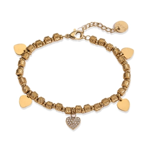 18K gold plated stainless steel beaded bracelet with heart charms and zircon stones