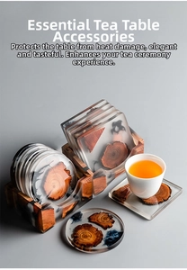 Close-up of resin wood coasters with natural rings in square and round shapes