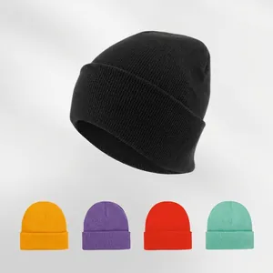 Unisex Acrylic Knit Beanie Hat Embroidered Warm Solid Color Outdoor Winter Cuffed Skull Cap Casual Minimalist Sporty Headwear