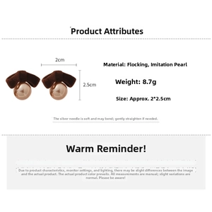 Detailed view of brown flocked bow earrings with pearls including size and weight specs