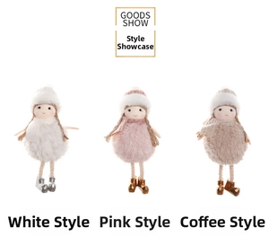Three plush Christmas doll ornaments in white, pink and brown with knit hats and scarves