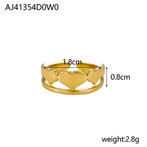 Detail view of a double-layered gold heart ring with dimensions and weight specs