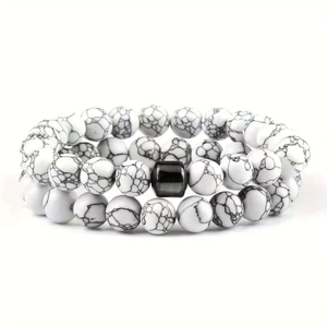 Set of two 8mm white marble stone beaded bracelets with black square accent charm