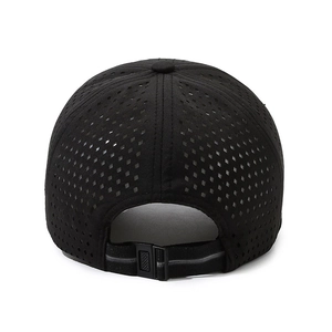 Black breathable quick-dry baseball cap with diamond laser-cut holes and reflective strap