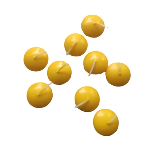 Set of 9 yellow spherical floating tealight candles with wicks on white background