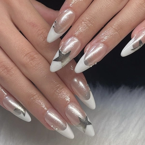 French Press On Nails Long Almond White Tips Silver Cat Eye Glitter Star Rhinestones False Fake Nail Tips For Women