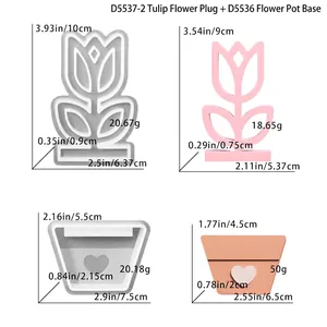 Macro-opname van siliconen mal voor tulp-bloempot met gedetailleerde afmetingen en gewicht