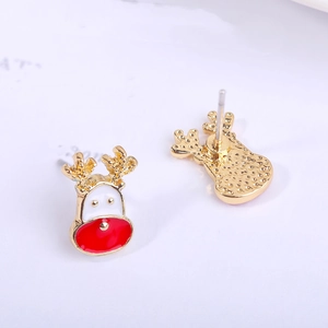 Detail shot of Christmas reindeer stud earrings with gold finish and colorful oil drop