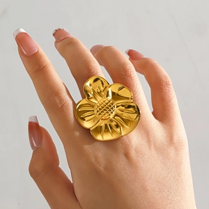 Flower Ring Exaggerated 18K Gold Plated Stainless Steel Statement Jewelry For Women Ins Style Vintage Heavy Textured