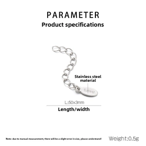 Close-up of 50mm stainless steel extender chain with S.steel engraved metal tag