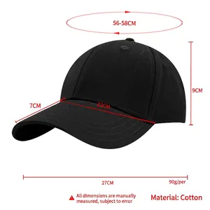 Black high quality 6-panel cotton baseball cap with detailed measurement guide dimensions