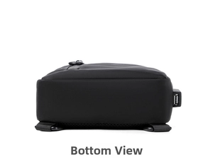 Detail view of the bag bottom featuring a built-in USB charging port and nylon texture