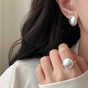 French style silver earrings and ring set with hammered texture and beaded edges