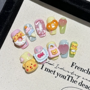 Handmade Press On Nails 3D Cartoon Bear Resin Decor Macaron Color Cute Sweet Style Artificial False Nails