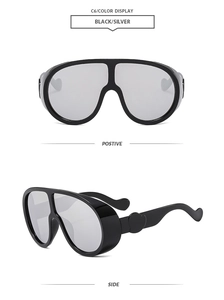 Front and side views of chunky black frames with silver mirror lenses sunglasses