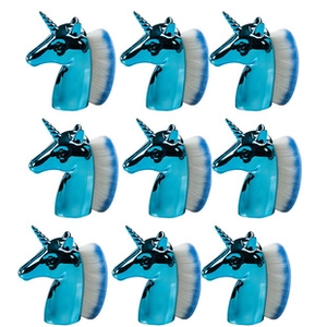 Detailed grid layout of nine unicorn-style makeup brushes with blue metallic handles