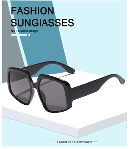 Detail shot of black oversized square sunglasses on a geometric platform display